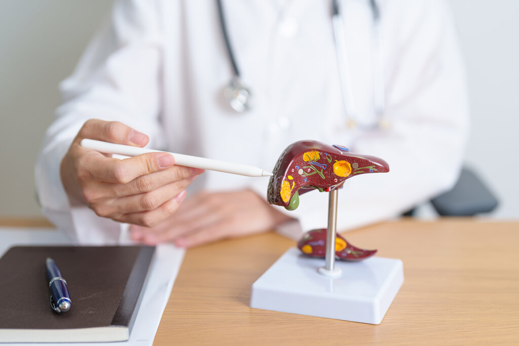 Doktor vysvetľujúci súvis medzi žltačkou a pečeňou