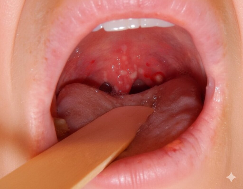 Biele povlaky na mandliach počas herpangíny.