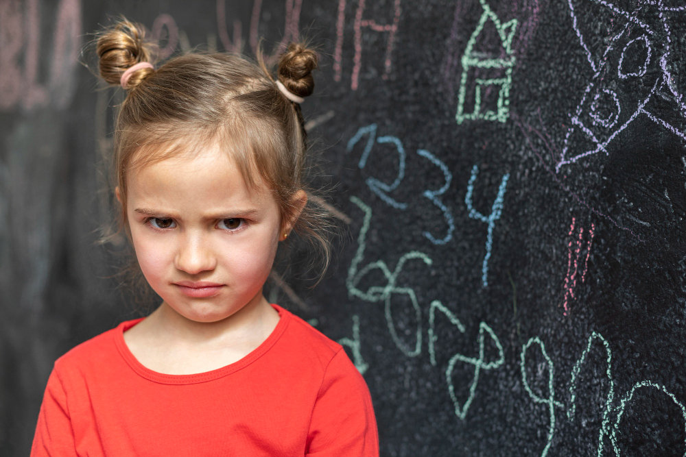 Nahnevané malé dievčatko v červenom tričku s dvoma copmi stojí pred počmáranou školskou tabuľou, mračí sa a pozerá priamo do objektívu.